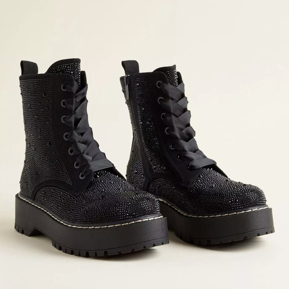 Torrid Betsey Johnson Rhinestone Combat Bootie Boots 13WW